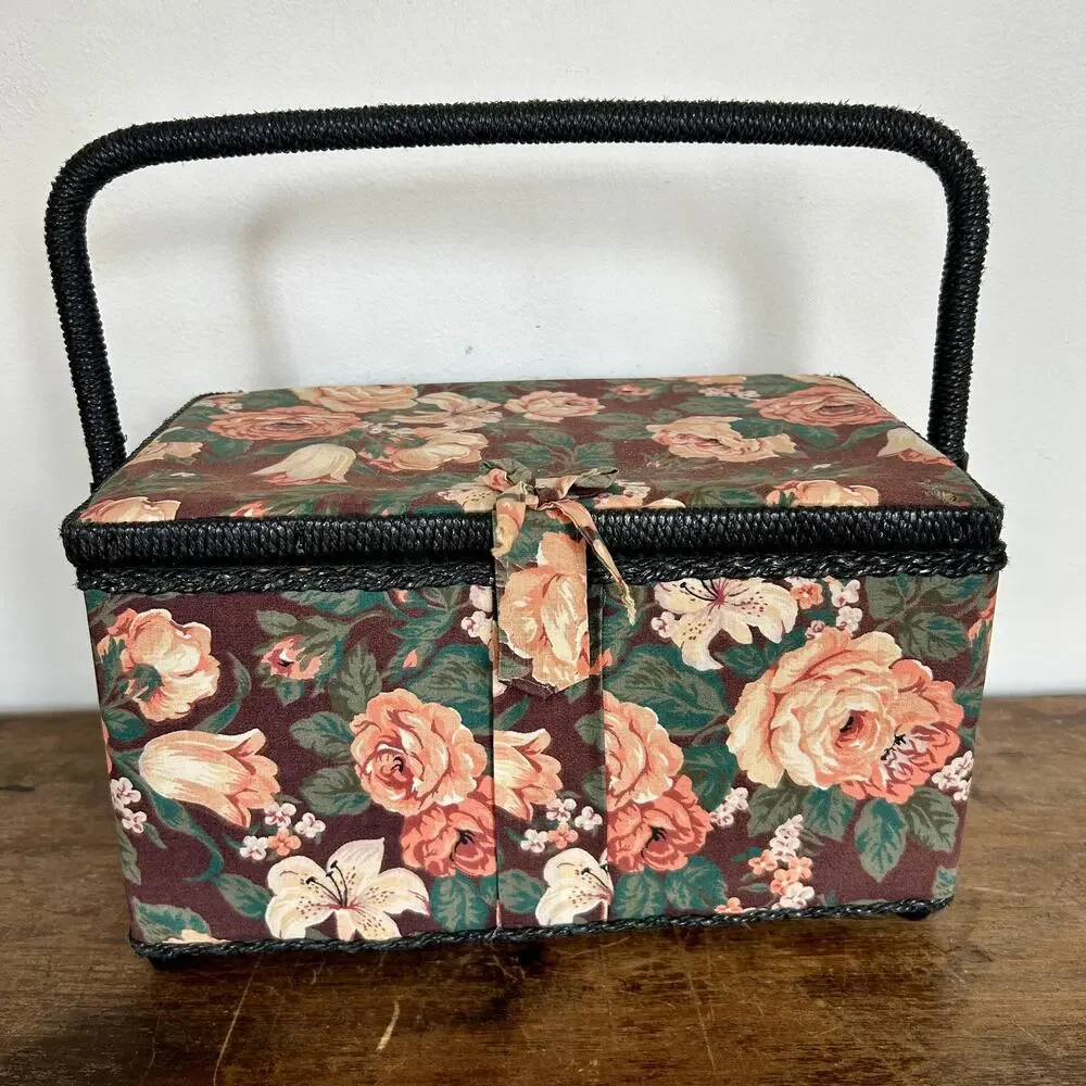 Vintage Floral Sewing Box | Brown Rose Print | Cottagecore Prairiecore